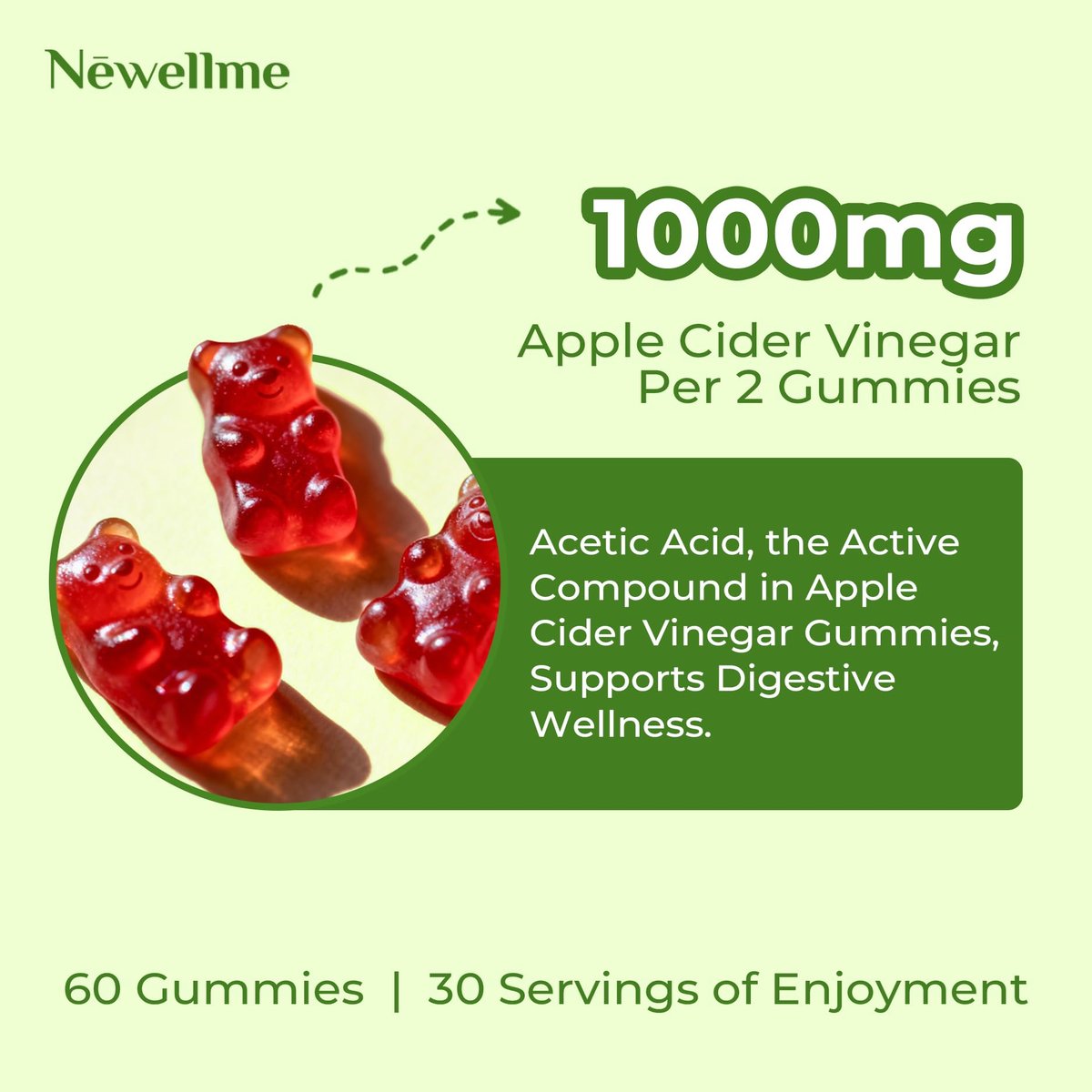 NEWELLME Zuckerfreie Apfelessig Gummibärchen 1000 mg ACV mit Mutter + Vitamin B12 für Darmgesundheit, Blähungen Linderung & Stoffwechsel, Vegan Keto Glutenfrei, 60 Stück (1 Packung)