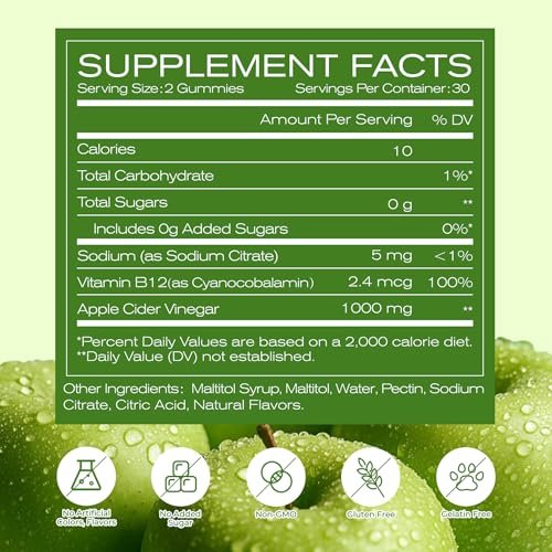 NEWELLME Zuckerfreie Apfelessig Gummibärchen 1000 mg ACV mit Mutter + Vitamin B12 für Darmgesundheit, Blähungen Linderung & Stoffwechsel, Vegan Keto Glutenfrei, 60 Stück (1 Packung)
