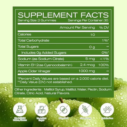 NEWELLME Zuckerfreie Apfelessig Gummibärchen 1000 mg ACV mit Mutter + Vitamin B12 für Darmgesundheit, Blähungen Linderung & Stoffwechsel, Vegan Keto Glutenfrei, 60 Stück (1 Packung)