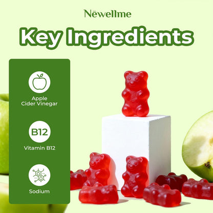 NEWELLME Zuckerfreie Apfelessig Gummibärchen 1000 mg ACV mit Mutter + Vitamin B12 für Darmgesundheit, Blähungen Linderung & Stoffwechsel, Vegan Keto Glutenfrei, 60 Stück (1 Packung)