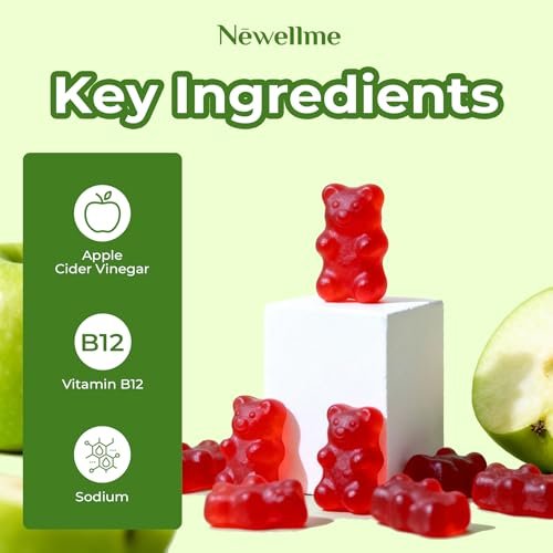 NEWELLME Zuckerfreie Apfelessig Gummibärchen 1000 mg ACV mit Mutter + Vitamin B12 für Darmgesundheit, Blähungen Linderung & Stoffwechsel, Vegan Keto Glutenfrei, 60 Stück (1 Packung)