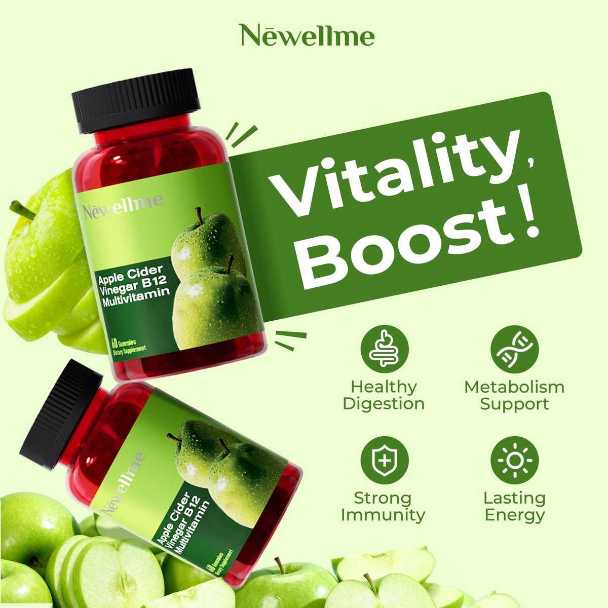 NEWELLME Zuckerfreie Apfelessig Gummibärchen 1000 mg ACV mit Mutter + Vitamin B12 für Darmgesundheit, Blähungen Linderung & Stoffwechsel, Vegan Keto Glutenfrei, 60 Stück (1 Packung)
