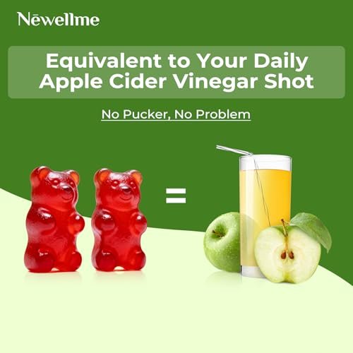 NEWELLME Zuckerfreie Apfelessig Gummibärchen 1000 mg ACV mit Mutter + Vitamin B12 für Darmgesundheit, Blähungen Linderung & Stoffwechsel, Vegan Keto Glutenfrei, 60 Stück (1 Packung)