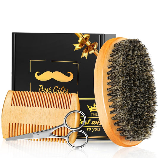Bartbürsten- und Bartkamm-Set für Männer: Pflegeset für den Bart – Geschenk für Väter, Naturborsten aus Wildschweinborsten und Birnenholzkamm, ideal für Reisen, Bartpflege, Styling, Wachstum, Entwirren und Glanz