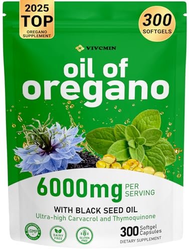 vivcmin Oreganoöl, 300 Softgels, 150 Tage Vorrat - 6000 mg Oreganoöl mit Schwarzkümmelöl für Immun- und Verdauungsunterstützung, hoher Carvacrol- und Thymochinongehalt, Nicht-GVO