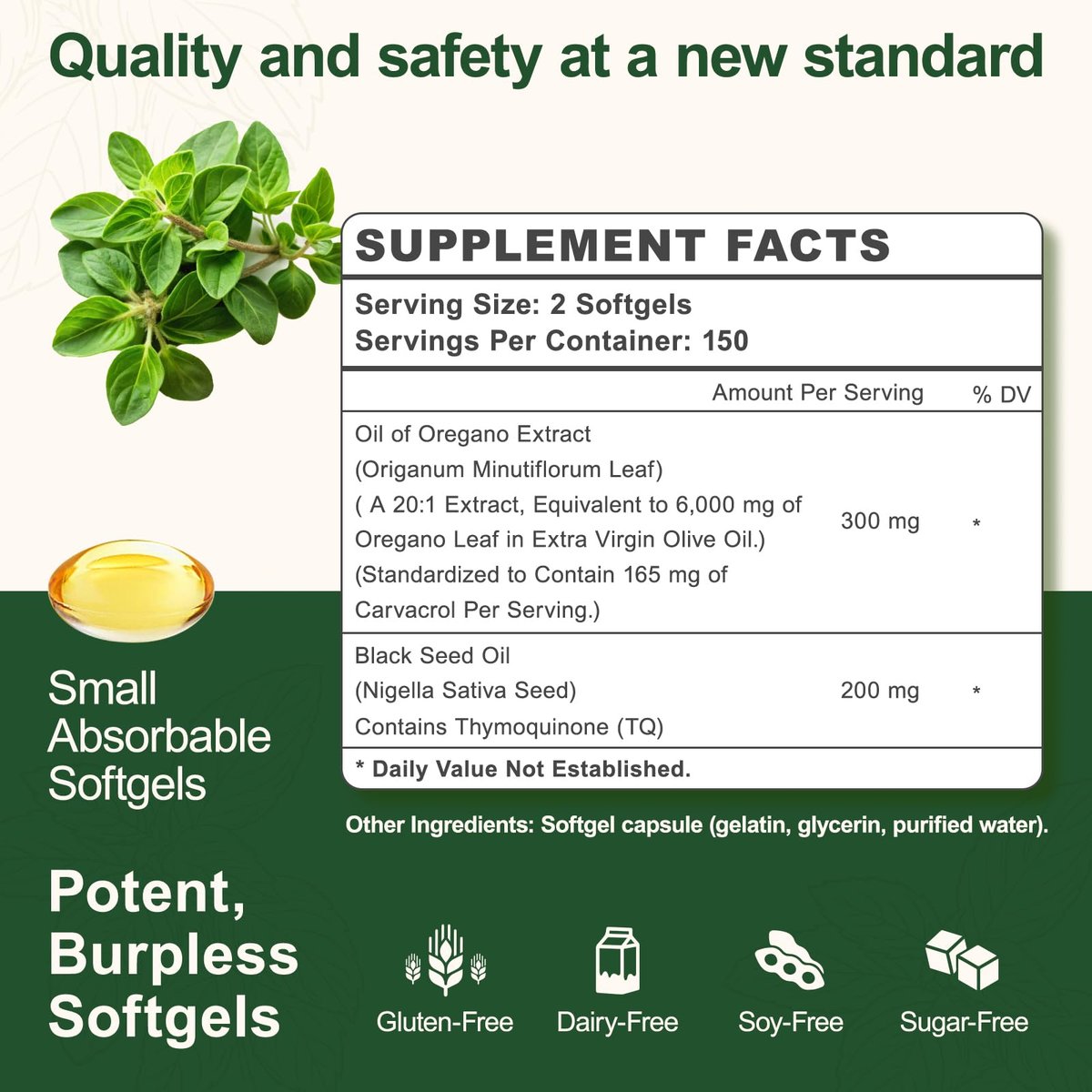 vivcmin Oreganoöl, 300 Softgels, 150 Tage Vorrat - 6000 mg Oreganoöl mit Schwarzkümmelöl für Immun- und Verdauungsunterstützung, hoher Carvacrol- und Thymochinongehalt, Nicht-GVO