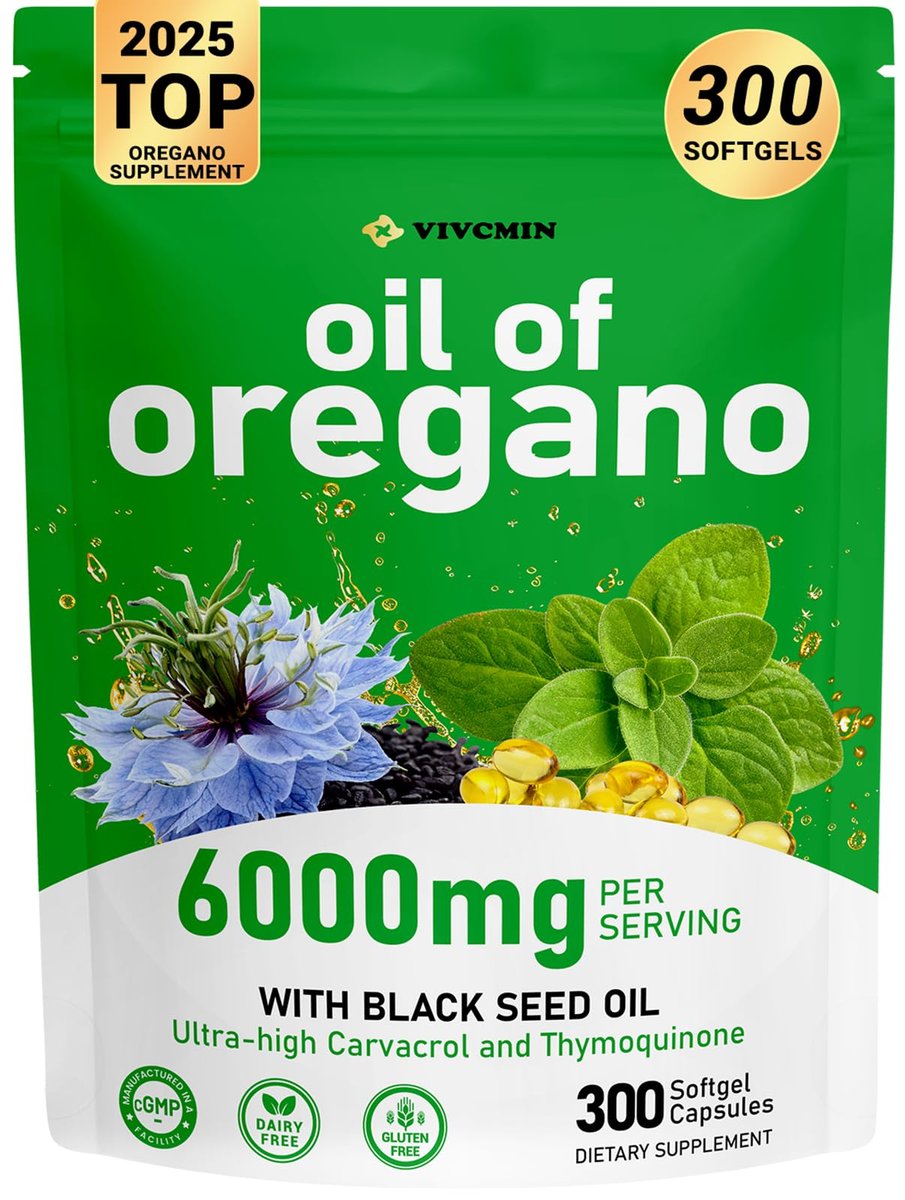 vivcmin Oreganoöl, 300 Softgels, 150 Tage Vorrat - 6000 mg Oreganoöl mit Schwarzkümmelöl für Immun- und Verdauungsunterstützung, hoher Carvacrol- und Thymochinongehalt, Nicht-GVO