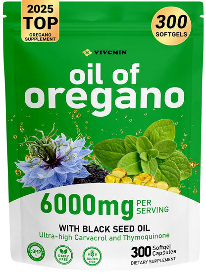 vivcmin Oreganoöl, 300 Softgels, 150 Tage Vorrat - 6000 mg Oreganoöl mit Schwarzkümmelöl für Immun- und Verdauungsunterstützung, hoher Carvacrol- und Thymochinongehalt, Nicht-GVO