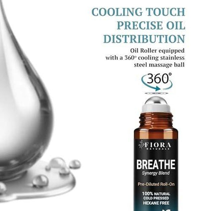 Fiora Naturals Breathe Essential Oil Roll-On – 100% reine Mischung aus Eukalyptus, Pfefferminze & Teebaumöl – Aromatherapie-Roll-on, therapeutische Qualität, 0,33 Fl Oz
