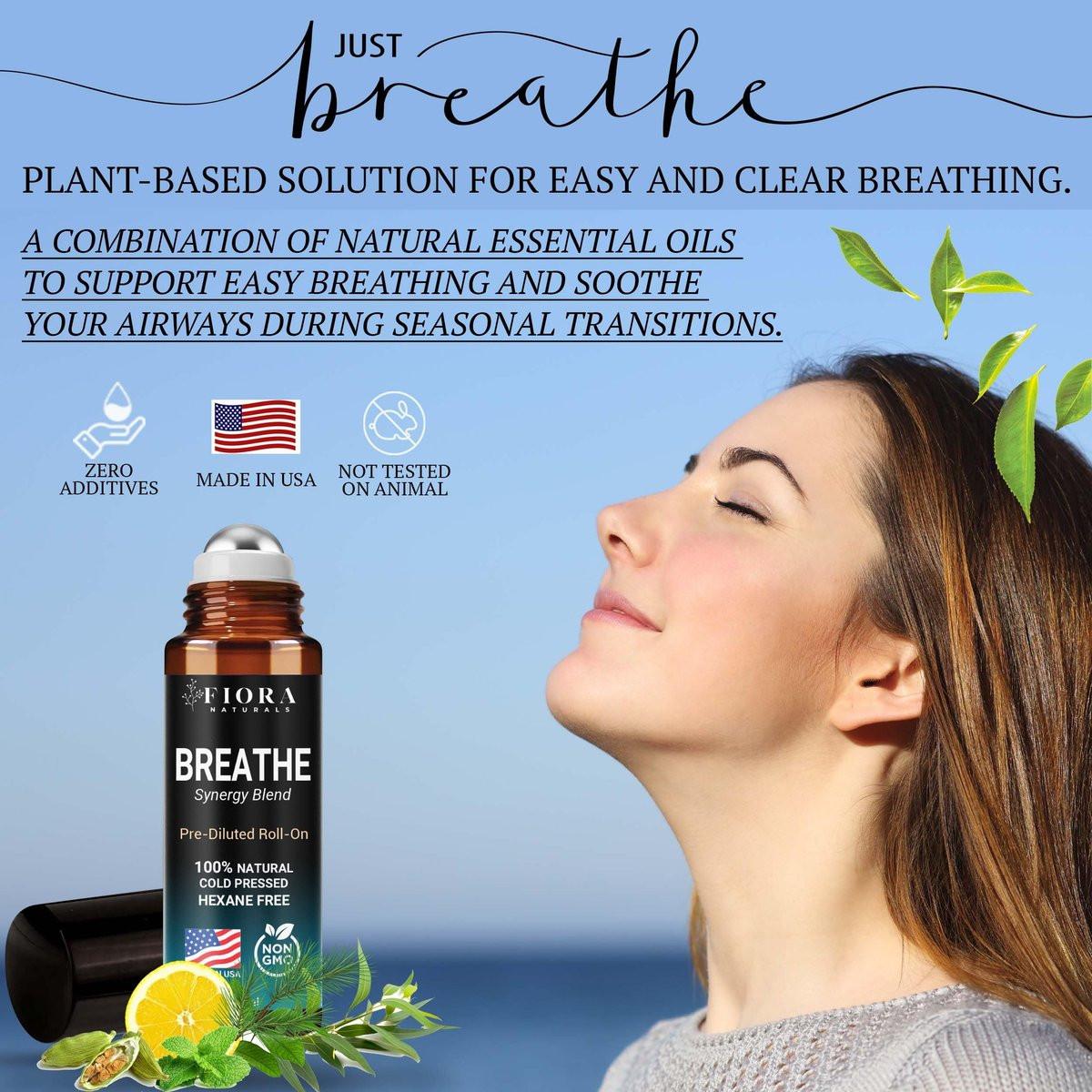 Fiora Naturals Breathe Essential Oil Roll-On – 100% reine Mischung aus Eukalyptus, Pfefferminze & Teebaumöl – Aromatherapie-Roll-on, therapeutische Qualität, 0,33 Fl Oz