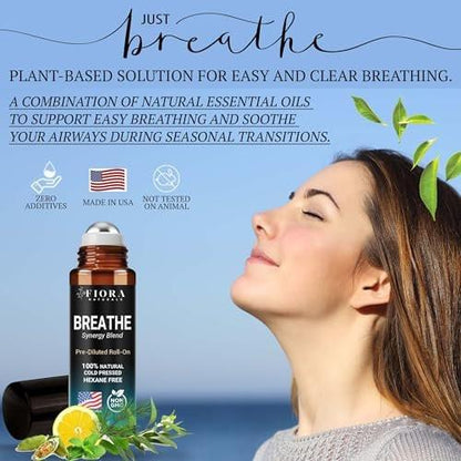 Fiora Naturals Breathe Essential Oil Roll-On – 100% reine Mischung aus Eukalyptus, Pfefferminze & Teebaumöl – Aromatherapie-Roll-on, therapeutische Qualität, 0,33 Fl Oz