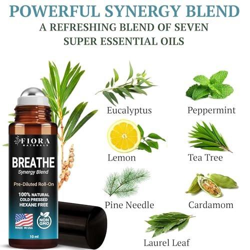 Fiora Naturals Breathe Essential Oil Roll-On – 100% reine Mischung aus Eukalyptus, Pfefferminze & Teebaumöl – Aromatherapie-Roll-on, therapeutische Qualität, 0,33 Fl Oz