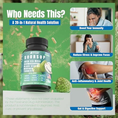 Soursop Graviola Komplex mit Seemoos, Moringa, Kurkuma, Schwarzkümmelöl, Oregano, Ashwagandha | 20-in-1 Kräuterextrakte für die allgemeine Gesundheit | Vegan, Nicht-GVO | 60 Kapseln