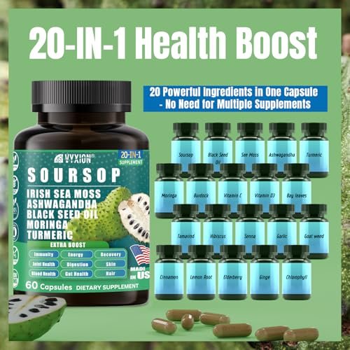 Soursop Graviola Komplex mit Seemoos, Moringa, Kurkuma, Schwarzkümmelöl, Oregano, Ashwagandha | 20-in-1 Kräuterextrakte für die allgemeine Gesundheit | Vegan, Nicht-GVO | 60 Kapseln