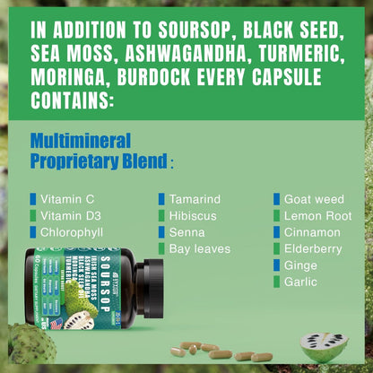 Soursop Graviola Komplex mit Seemoos, Moringa, Kurkuma, Schwarzkümmelöl, Oregano, Ashwagandha | 20-in-1 Kräuterextrakte für die allgemeine Gesundheit | Vegan, Nicht-GVO | 60 Kapseln