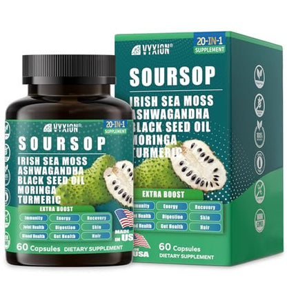 Soursop Graviola Komplex mit Seemoos, Moringa, Kurkuma, Schwarzkümmelöl, Oregano, Ashwagandha | 20-in-1 Kräuterextrakte für die allgemeine Gesundheit | Vegan, Nicht-GVO | 60 Kapseln