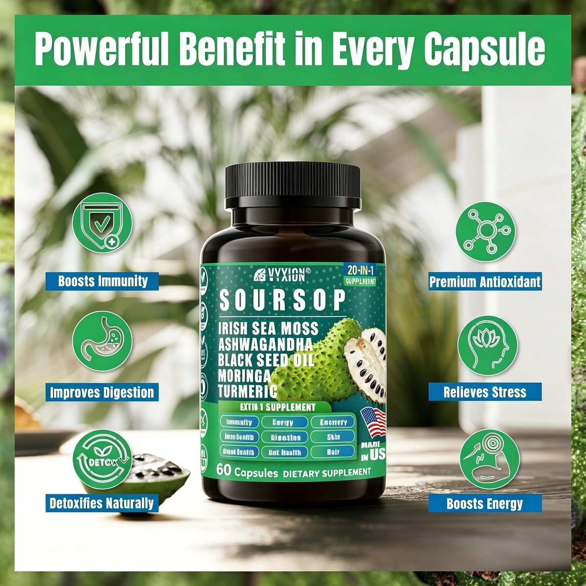 Soursop Graviola Komplex mit Seemoos, Moringa, Kurkuma, Schwarzkümmelöl, Oregano, Ashwagandha | 20-in-1 Kräuterextrakte für die allgemeine Gesundheit | Vegan, Nicht-GVO | 60 Kapseln