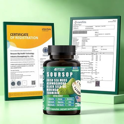 Soursop Graviola Komplex mit Seemoos, Moringa, Kurkuma, Schwarzkümmelöl, Oregano, Ashwagandha | 20-in-1 Kräuterextrakte für die allgemeine Gesundheit | Vegan, Nicht-GVO | 60 Kapseln
