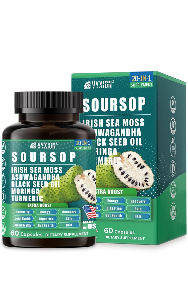 Soursop Graviola Komplex mit Seemoos, Moringa, Kurkuma, Schwarzkümmelöl, Oregano, Ashwagandha | 20-in-1 Kräuterextrakte für die allgemeine Gesundheit | Vegan, Nicht-GVO | 60 Kapseln