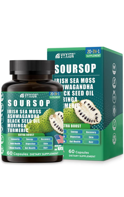 Soursop Graviola Komplex mit Seemoos, Moringa, Kurkuma, Schwarzkümmelöl, Oregano, Ashwagandha | 20-in-1 Kräuterextrakte für die allgemeine Gesundheit | Vegan, Nicht-GVO | 60 Kapseln