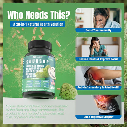 Soursop Graviola Komplex mit Seemoos, Moringa, Kurkuma, Schwarzkümmelöl, Oregano, Ashwagandha | 20-in-1 Kräuterextrakte für die allgemeine Gesundheit | Vegan, Nicht-GVO | 60 Kapseln