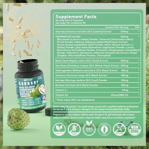 Soursop Graviola Komplex mit Seemoos, Moringa, Kurkuma, Schwarzkümmelöl, Oregano, Ashwagandha | 20-in-1 Kräuterextrakte für die allgemeine Gesundheit | Vegan, Nicht-GVO | 60 Kapseln