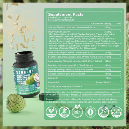 Soursop Graviola Komplex mit Seemoos, Moringa, Kurkuma, Schwarzkümmelöl, Oregano, Ashwagandha | 20-in-1 Kräuterextrakte für die allgemeine Gesundheit | Vegan, Nicht-GVO | 60 Kapseln