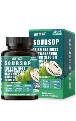 Soursop Graviola Komplex mit Seemoos, Moringa, Kurkuma, Schwarzkümmelöl, Oregano, Ashwagandha | 20-in-1 Kräuterextrakte für die allgemeine Gesundheit | Vegan, Nicht-GVO | 60 Kapseln