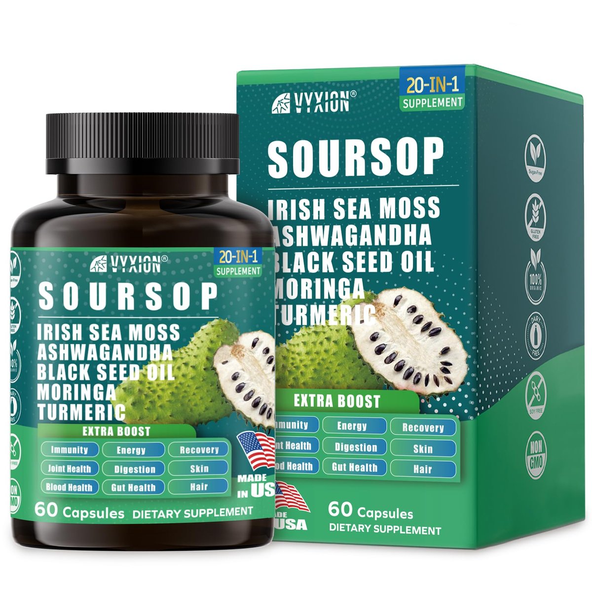 Soursop Graviola Komplex mit Seemoos, Moringa, Kurkuma, Schwarzkümmelöl, Oregano, Ashwagandha | 20-in-1 Kräuterextrakte für die allgemeine Gesundheit | Vegan, Nicht-GVO | 60 Kapseln
