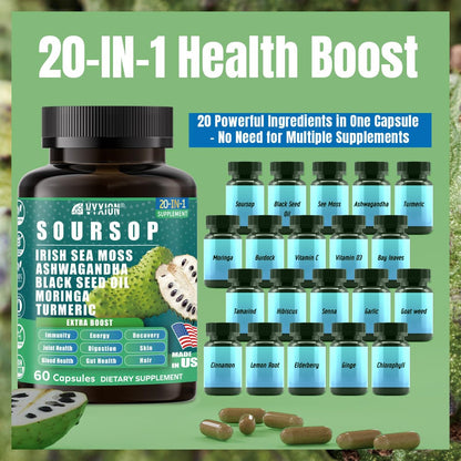 Soursop Graviola Komplex mit Seemoos, Moringa, Kurkuma, Schwarzkümmelöl, Oregano, Ashwagandha | 20-in-1 Kräuterextrakte für die allgemeine Gesundheit | Vegan, Nicht-GVO | 60 Kapseln