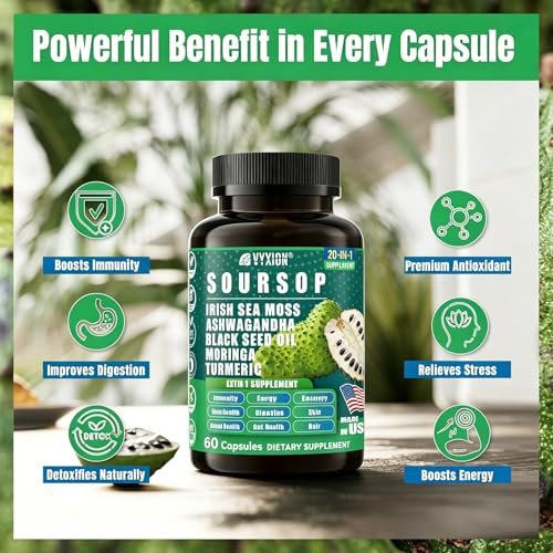 Soursop Graviola Komplex mit Seemoos, Moringa, Kurkuma, Schwarzkümmelöl, Oregano, Ashwagandha | 20-in-1 Kräuterextrakte für die allgemeine Gesundheit | Vegan, Nicht-GVO | 60 Kapseln