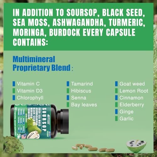 Soursop Graviola Komplex mit Seemoos, Moringa, Kurkuma, Schwarzkümmelöl, Oregano, Ashwagandha | 20-in-1 Kräuterextrakte für die allgemeine Gesundheit | Vegan, Nicht-GVO | 60 Kapseln