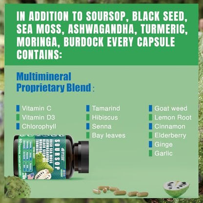 Soursop Graviola Komplex mit Seemoos, Moringa, Kurkuma, Schwarzkümmelöl, Oregano, Ashwagandha | 20-in-1 Kräuterextrakte für die allgemeine Gesundheit | Vegan, Nicht-GVO | 60 Kapseln