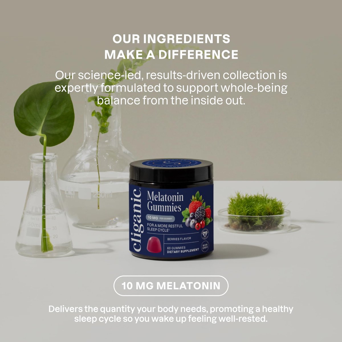 Cliganic Melatonin Gummis (10 mg, 60-Tage-Vorrat) - Schlafhilfe für Erwachsene, Beerengeschmack, Vegan, Nicht-GVO, Koscher, Glutenfrei, Unterstützt den zirkadianen Rhythmus & Fördert erholsame Nächte