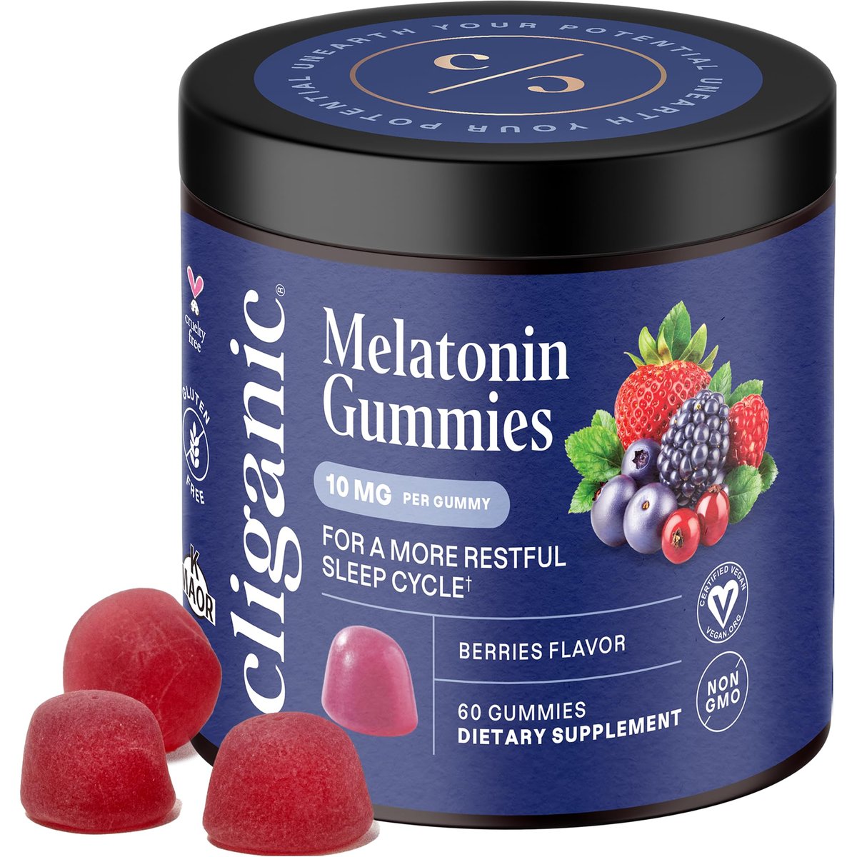 Cliganic Melatonin Gummis (10 mg, 60-Tage-Vorrat) - Schlafhilfe für Erwachsene, Beerengeschmack, Vegan, Nicht-GVO, Koscher, Glutenfrei, Unterstützt den zirkadianen Rhythmus & Fördert erholsame Nächte