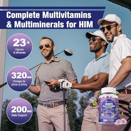 Multivitamin für Männer – Gummibärchen mit Omega-3, Probiotika, Inositol, Folsäure, Biotin, Zink, Vitamin A, C, D, E, B – Unterstützt Herz, Gehirn, Muskeln, Energie – Zuckerfrei – Brombeergeschmack – 60 Stück