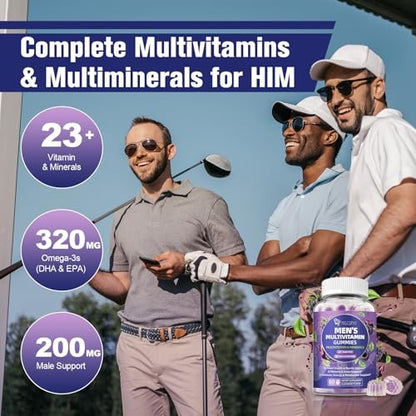 Multivitamin für Männer – Gummibärchen mit Omega-3, Probiotika, Inositol, Folsäure, Biotin, Zink, Vitamin A, C, D, E, B – Unterstützt Herz, Gehirn, Muskeln, Energie – Zuckerfrei – Brombeergeschmack – 60 Stück