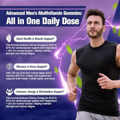 Multivitamin für Männer – Gummibärchen mit Omega-3, Probiotika, Inositol, Folsäure, Biotin, Zink, Vitamin A, C, D, E, B – Unterstützt Herz, Gehirn, Muskeln, Energie – Zuckerfrei – Brombeergeschmack – 60 Stück