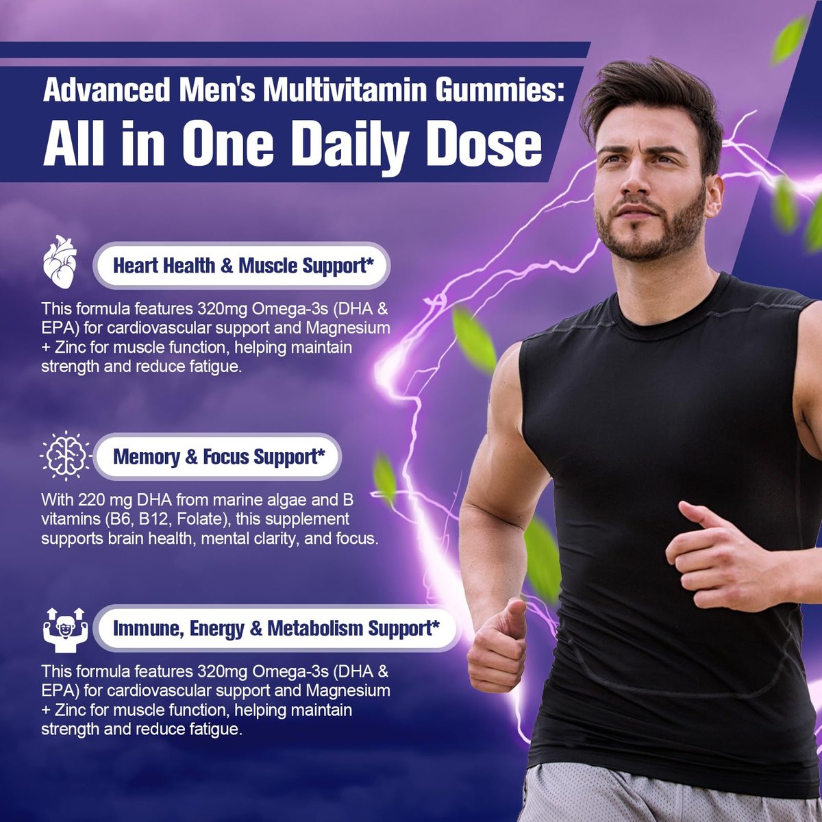 Multivitamin für Männer – Gummibärchen mit Omega-3, Probiotika, Inositol, Folsäure, Biotin, Zink, Vitamin A, C, D, E, B – Unterstützt Herz, Gehirn, Muskeln, Energie – Zuckerfrei – Brombeergeschmack – 60 Stück