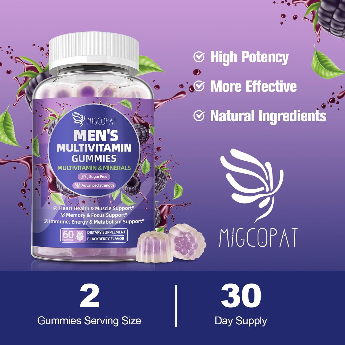 Multivitamin für Männer – Gummibärchen mit Omega-3, Probiotika, Inositol, Folsäure, Biotin, Zink, Vitamin A, C, D, E, B – Unterstützt Herz, Gehirn, Muskeln, Energie – Zuckerfrei – Brombeergeschmack – 60 Stück