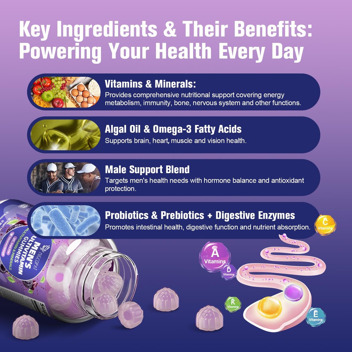 Multivitamin für Männer – Gummibärchen mit Omega-3, Probiotika, Inositol, Folsäure, Biotin, Zink, Vitamin A, C, D, E, B – Unterstützt Herz, Gehirn, Muskeln, Energie – Zuckerfrei – Brombeergeschmack – 60 Stück