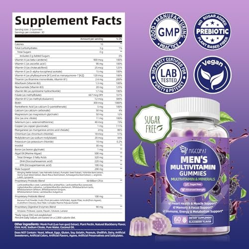 Multivitamin für Männer – Gummibärchen mit Omega-3, Probiotika, Inositol, Folsäure, Biotin, Zink, Vitamin A, C, D, E, B – Unterstützt Herz, Gehirn, Muskeln, Energie – Zuckerfrei – Brombeergeschmack – 60 Stück