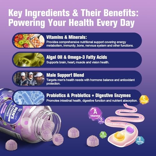 Multivitamin für Männer – Gummibärchen mit Omega-3, Probiotika, Inositol, Folsäure, Biotin, Zink, Vitamin A, C, D, E, B – Unterstützt Herz, Gehirn, Muskeln, Energie – Zuckerfrei – Brombeergeschmack – 60 Stück