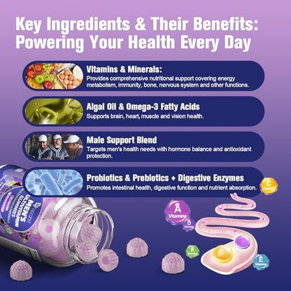 Multivitamin für Männer – Gummibärchen mit Omega-3, Probiotika, Inositol, Folsäure, Biotin, Zink, Vitamin A, C, D, E, B – Unterstützt Herz, Gehirn, Muskeln, Energie – Zuckerfrei – Brombeergeschmack – 60 Stück