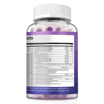 Multivitamin für Männer – Gummibärchen mit Omega-3, Probiotika, Inositol, Folsäure, Biotin, Zink, Vitamin A, C, D, E, B – Unterstützt Herz, Gehirn, Muskeln, Energie – Zuckerfrei – Brombeergeschmack – 60 Stück