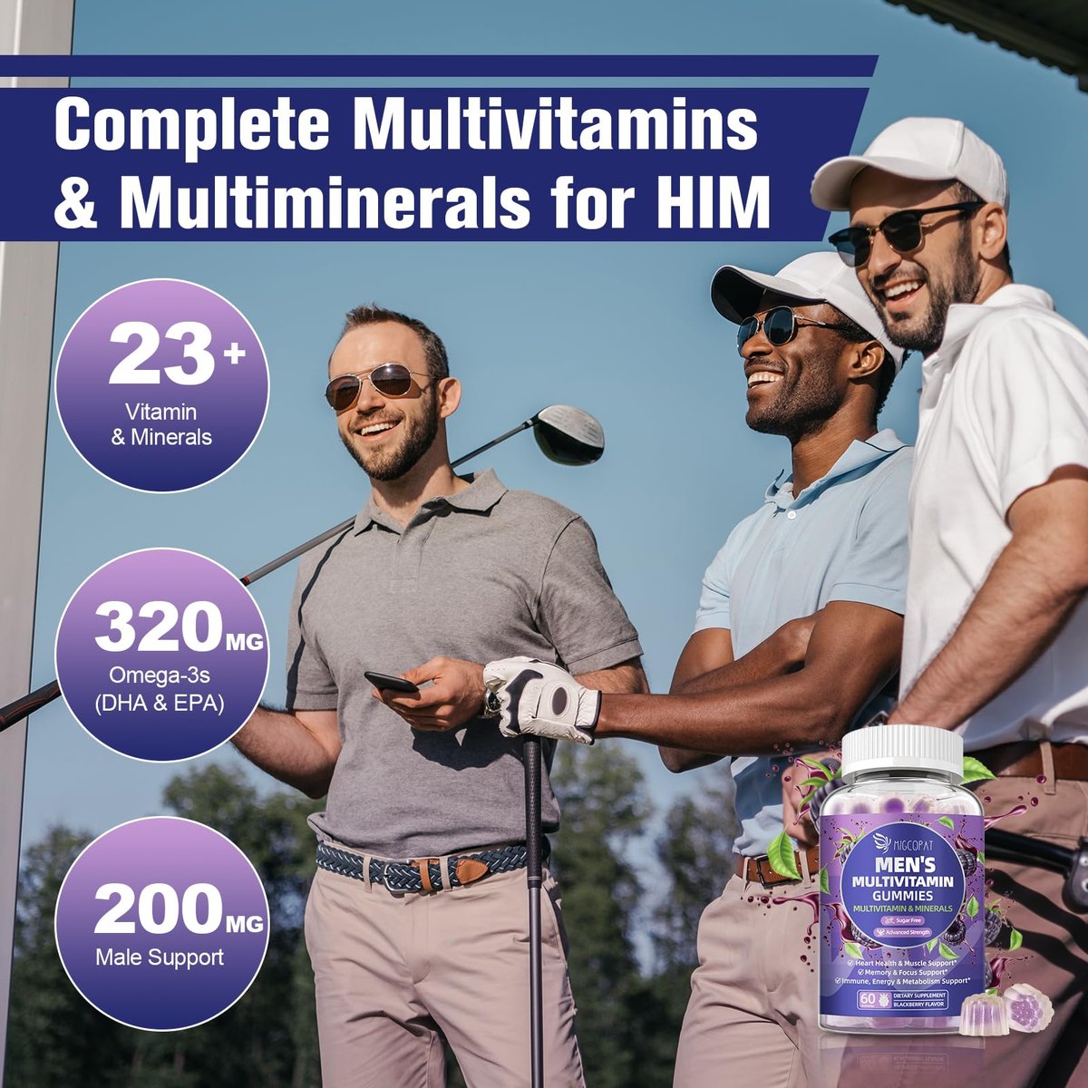 Multivitamin für Männer – Gummibärchen mit Omega-3, Probiotika, Inositol, Folsäure, Biotin, Zink, Vitamin A, C, D, E, B – Unterstützt Herz, Gehirn, Muskeln, Energie – Zuckerfrei – Brombeergeschmack – 60 Stück