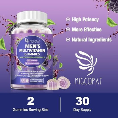 Multivitamin für Männer – Gummibärchen mit Omega-3, Probiotika, Inositol, Folsäure, Biotin, Zink, Vitamin A, C, D, E, B – Unterstützt Herz, Gehirn, Muskeln, Energie – Zuckerfrei – Brombeergeschmack – 60 Stück
