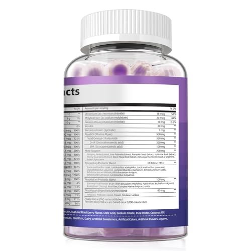 Multivitamin für Männer – Gummibärchen mit Omega-3, Probiotika, Inositol, Folsäure, Biotin, Zink, Vitamin A, C, D, E, B – Unterstützt Herz, Gehirn, Muskeln, Energie – Zuckerfrei – Brombeergeschmack – 60 Stück
