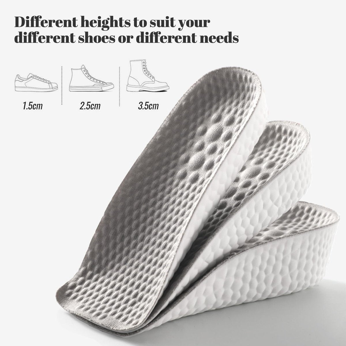 Höhenverstellbare Einlegesohlen für Männer und Frauen - Fußgewölbe-Kontur-Schuhheber, orthopädische Fersenpolster, Gel-Beinlängenausgleicher (Grau, 3 Paare - 1,5 cm / 2,5 cm / 3,5 cm)