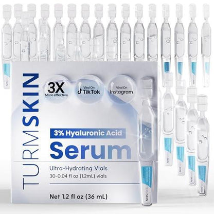 TURMSKIN® Hyaluronsäure Serum Ampullen [ULTRA FEUCHTIGKEITSSPENDENDE VIALS] - 3% Hyaluron Booster für Glashaut & Anti-Aging - 24 Stunden Feuchtigkeit - Weicher PE Triple Hyaluronsäurekomplex für Gesichtshautreparatur & Erneuerung